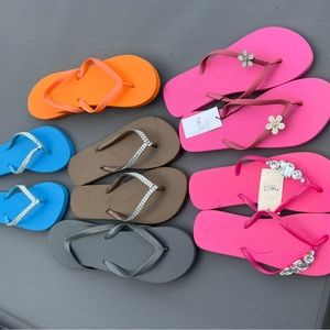 Bundle 6 pair of size 10 new flip flops, colors pink,orange,brown,blue & gray